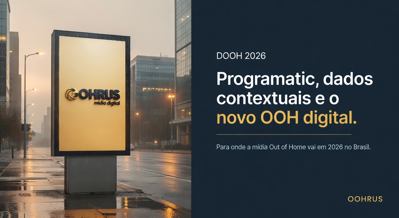 Painel DOOH exibindo dados em tempo real sobre cidade iluminada, estetica dourada futurista
