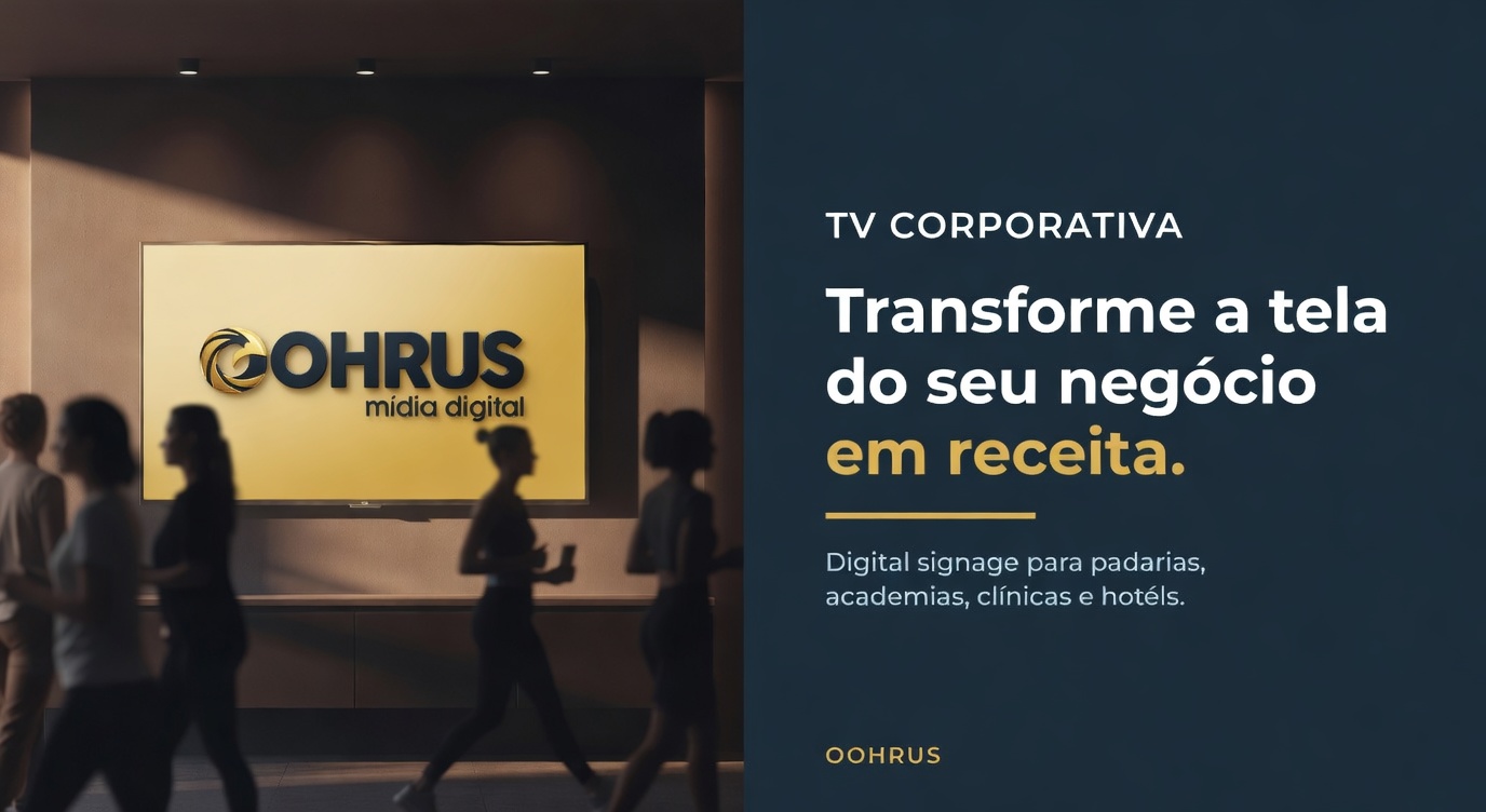 Cena de academia com TV corporativa exibindo conteudo de saude, luz dourada suave