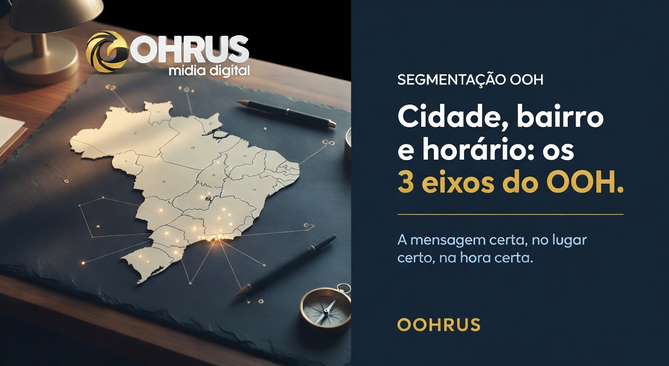 Mapa estilizado do Brasil com pontos luminosos dourados marcando cidades onde a OOHRUS atua
