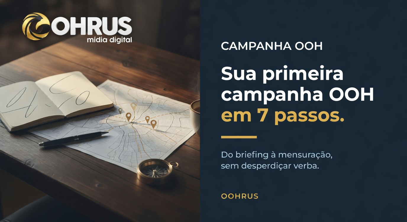 Planejamento de campanha OOH sobre mesa com mapa urbano e marcadores dourados